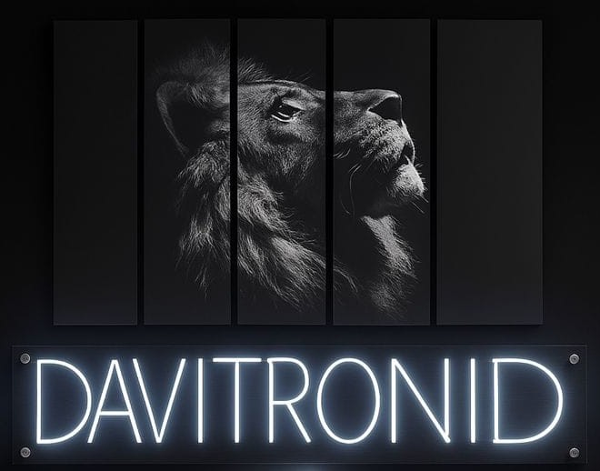 Logo de DAVITRONID: león y nombre en letras de neón